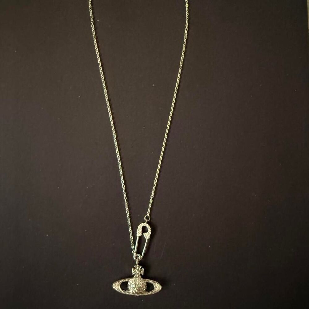 Saturn Planet Safety Pin Necklace 🪐 Y2K Celestial Statement Jewelry